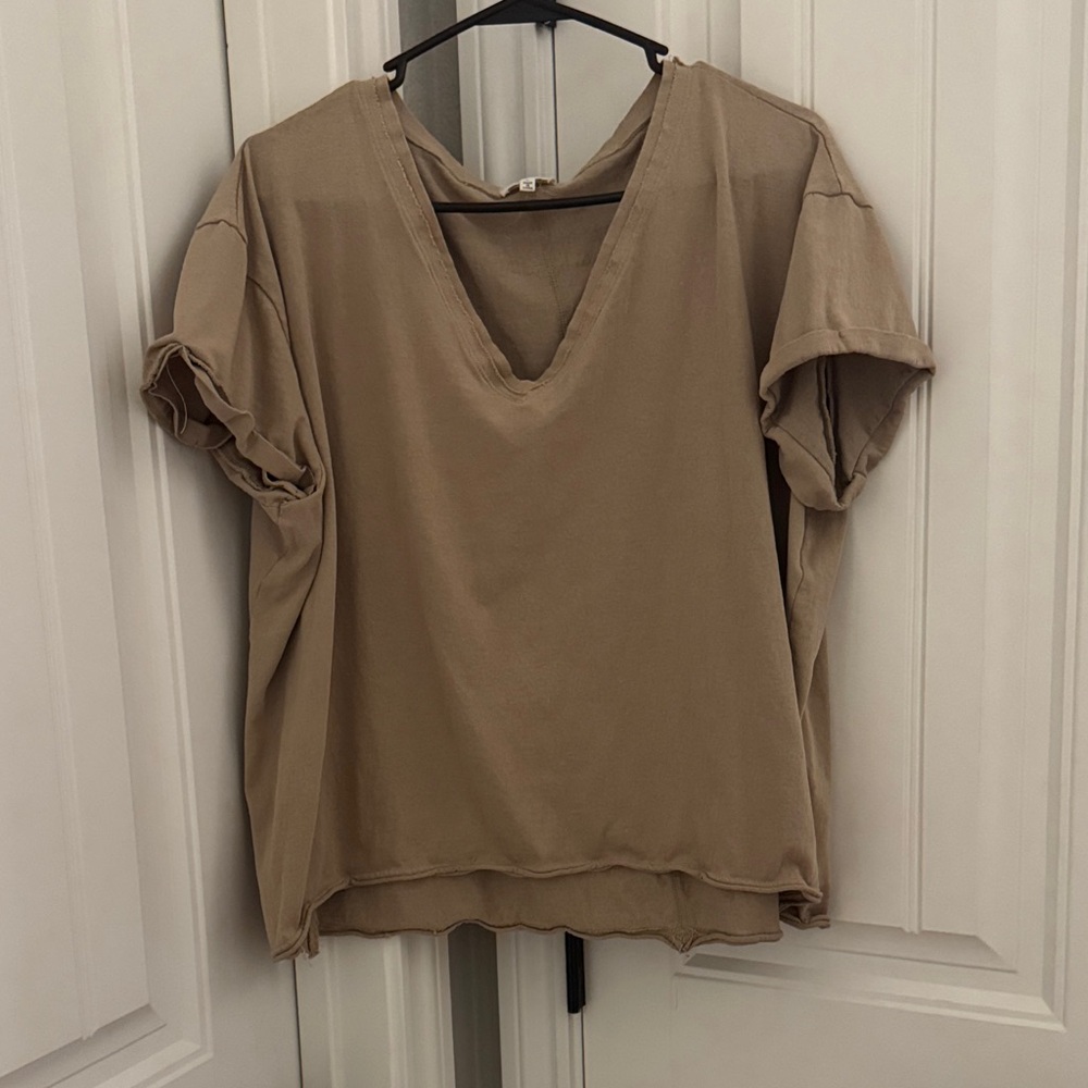 LA MIEL Tan V-Neck Short Sleeve Top